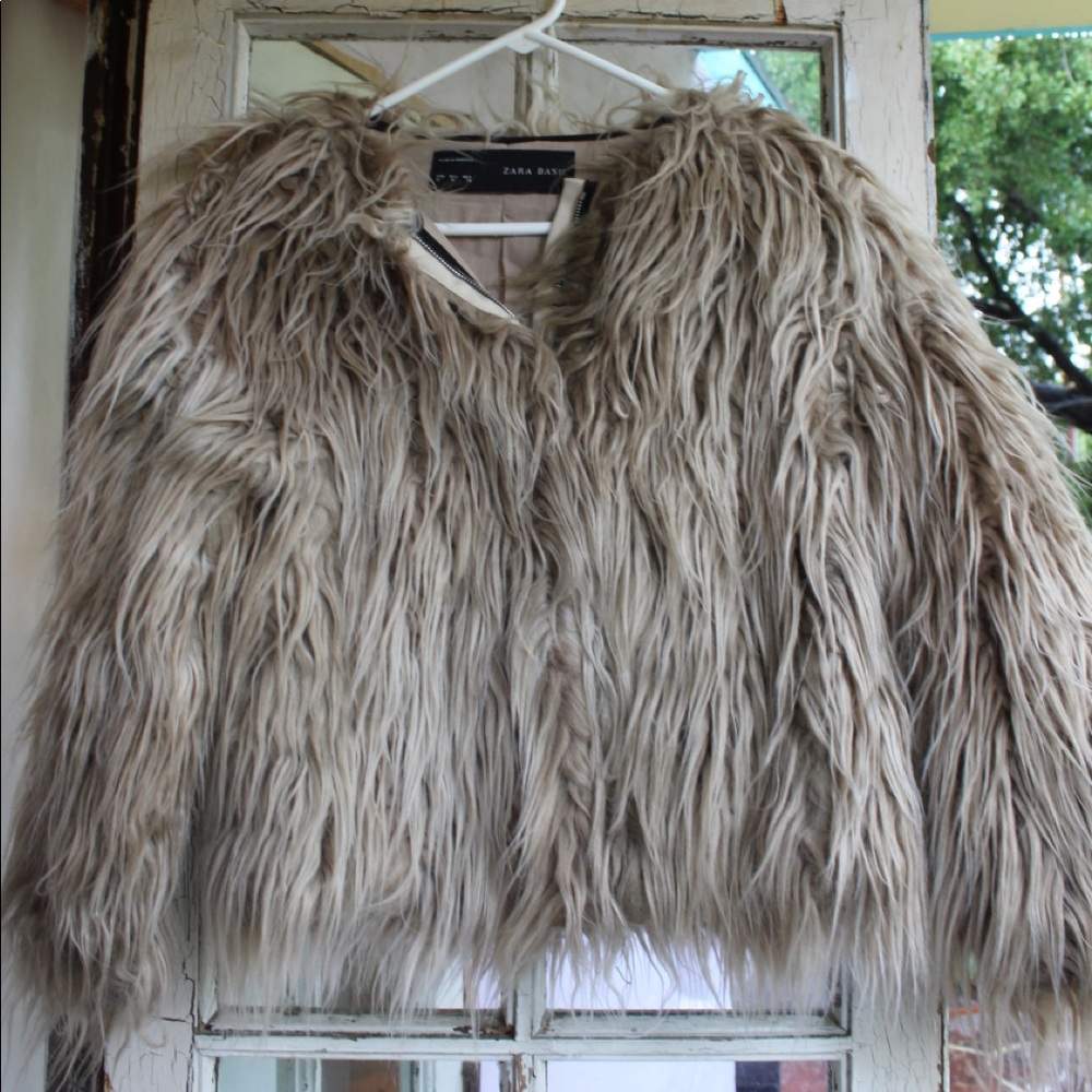 A grey fur jacket. Cute waist length jacket.